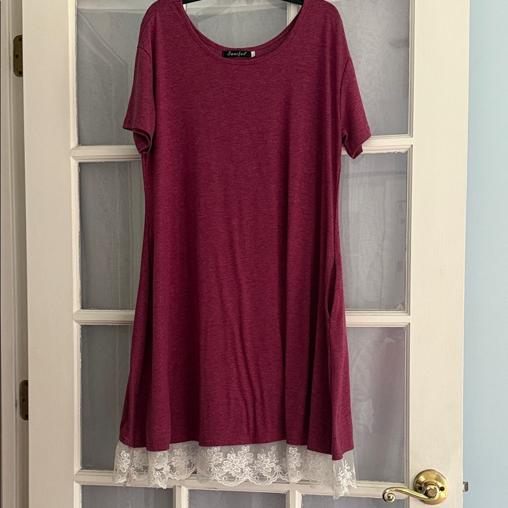 Maroon Mini T-Shirt Dress with Lace Trim